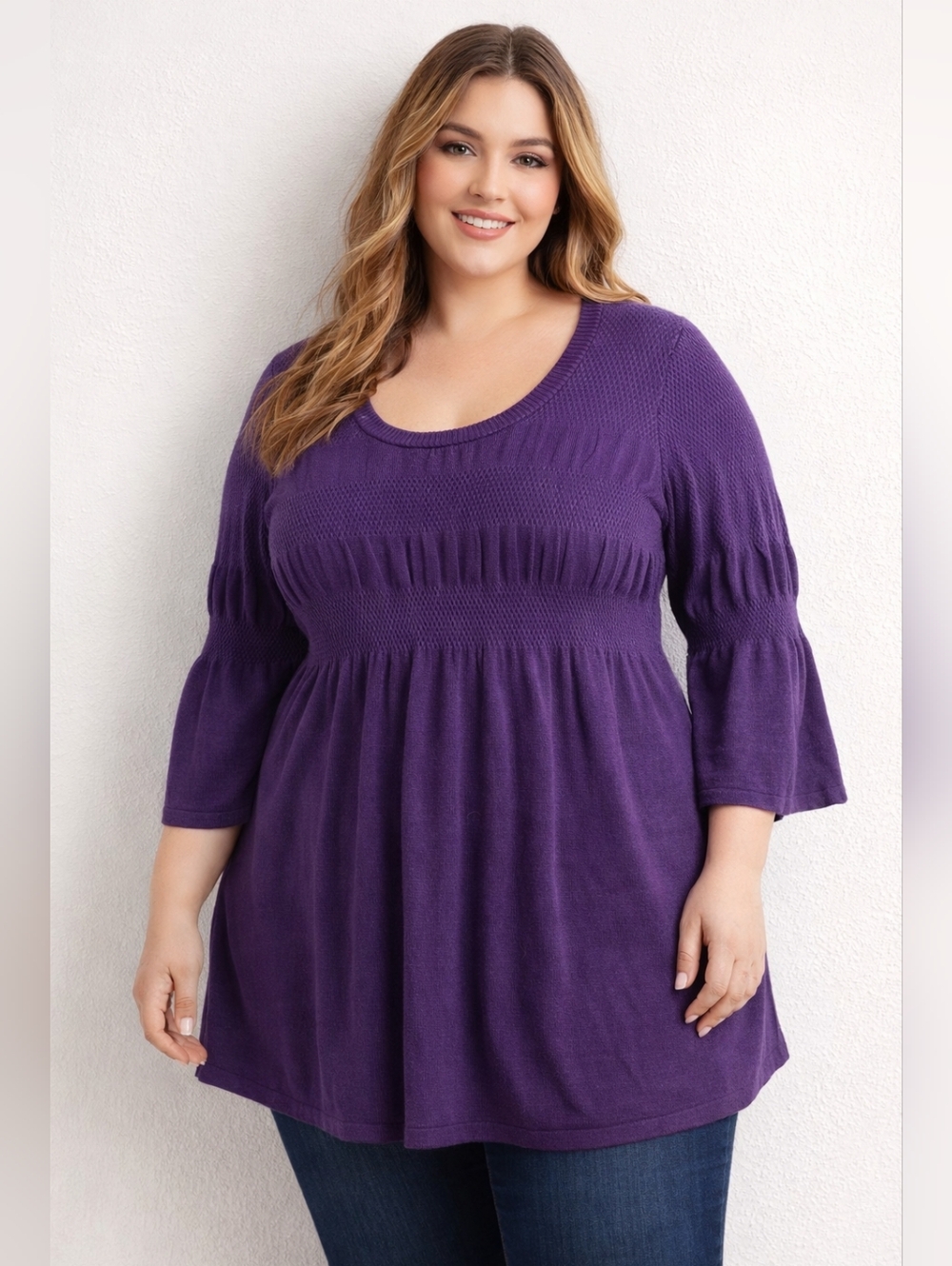 AE City Purple Knit Tunic Top Size X (12)Stretch Viscose Bell Sleeve Scoop Neck